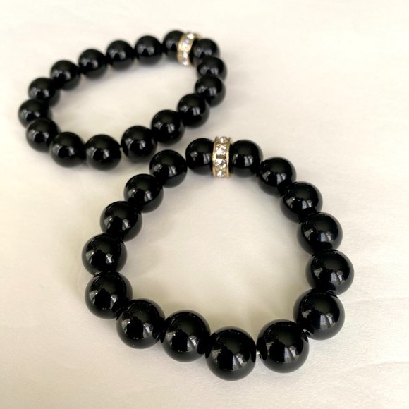 Black Beaded Stretch Bracelet Set of 2 with Gold and Rhinestone Detail - Picture 5 of 7